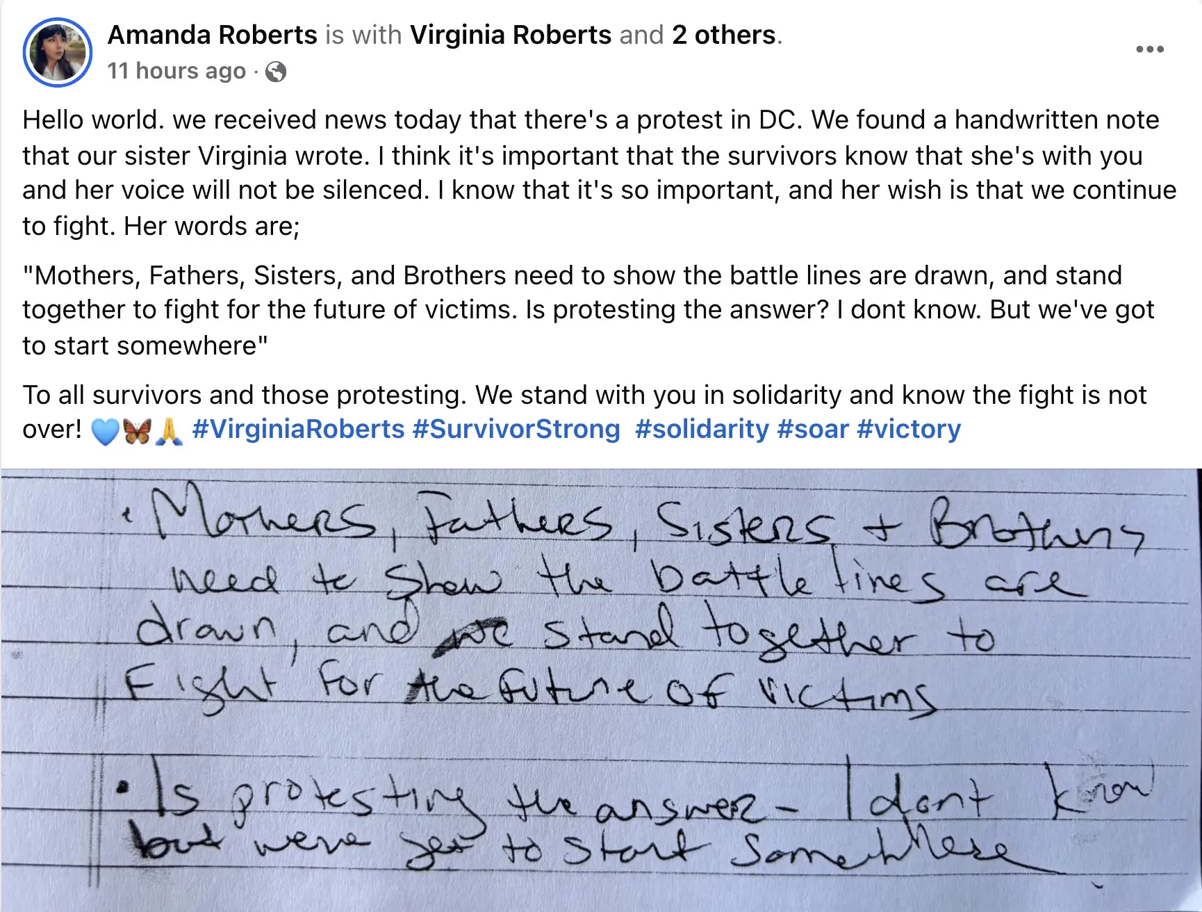 The note was shared by Virginia's sister-in-law. Credit: Facebook