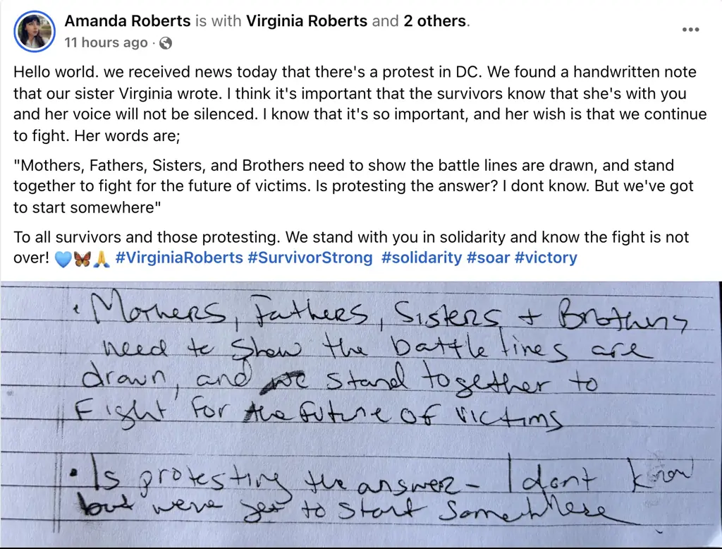 The note was shared by Virginia's sister-in-law. Credit: Facebook