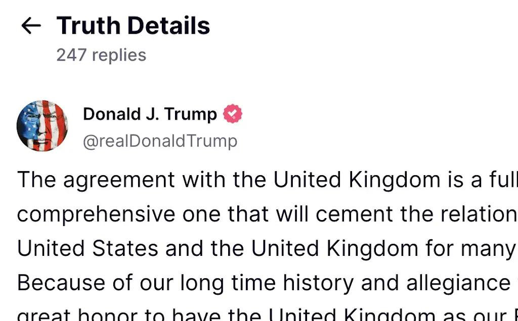 Trump's message on Truth Social. Credt: Truth Social