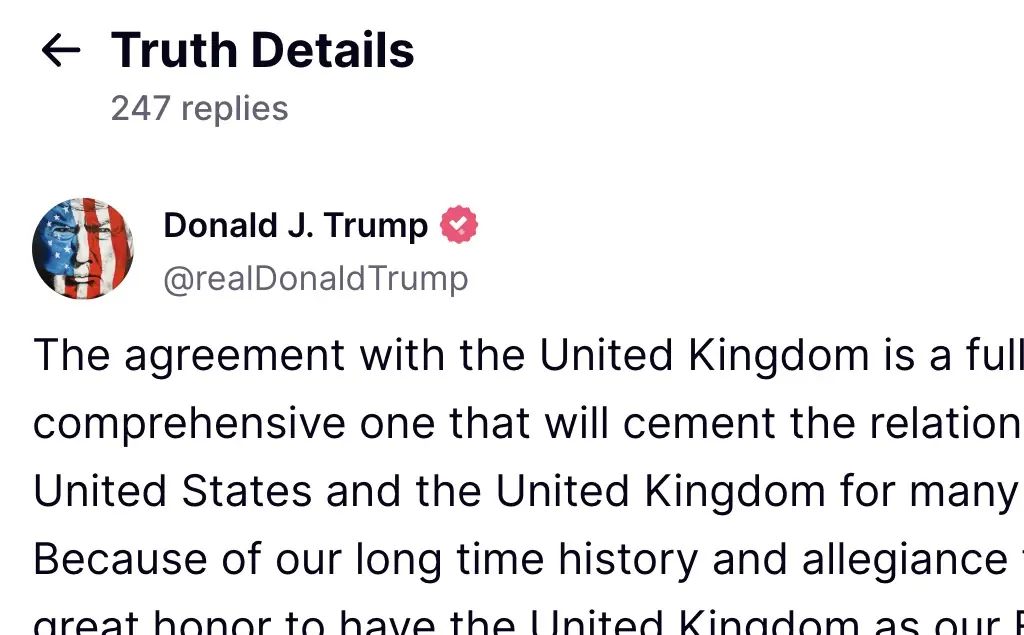 Trump's message on Truth Social. Credt: Truth Social