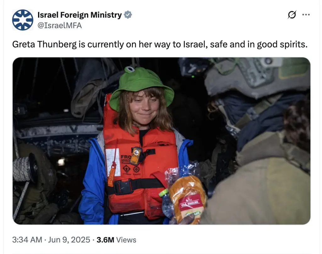 Greta Thunberg was pictured after the Madleen was intercepted. Credit: Twitter/IsraelMFA