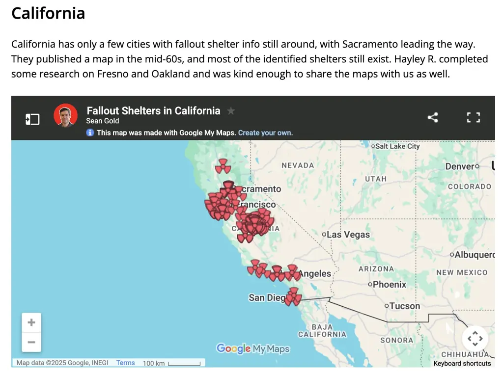 A map detailing California's fallout shelters. Credit: trueprepper.com (screenshot)