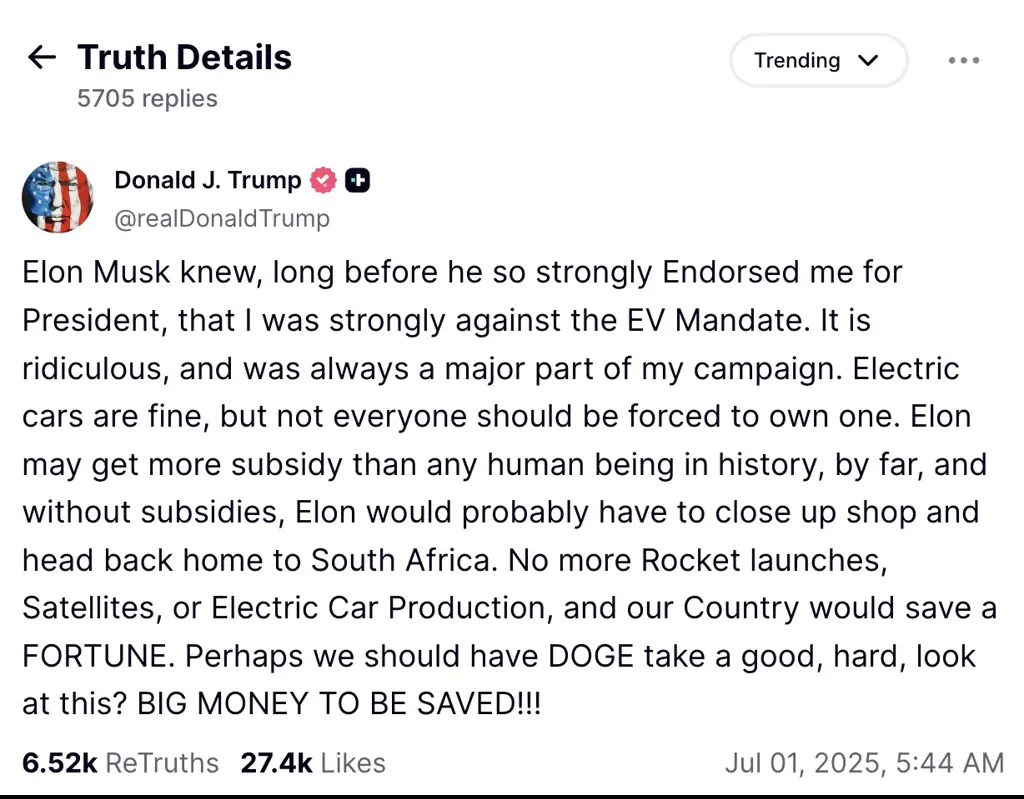 Trump also took aim at Musk on Truth Social. Credit: Truth Social