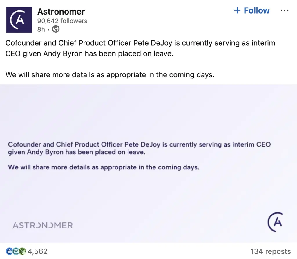 Astronomer have since issued a statement on the matter. Credit: LinkedIn (Screenshot)