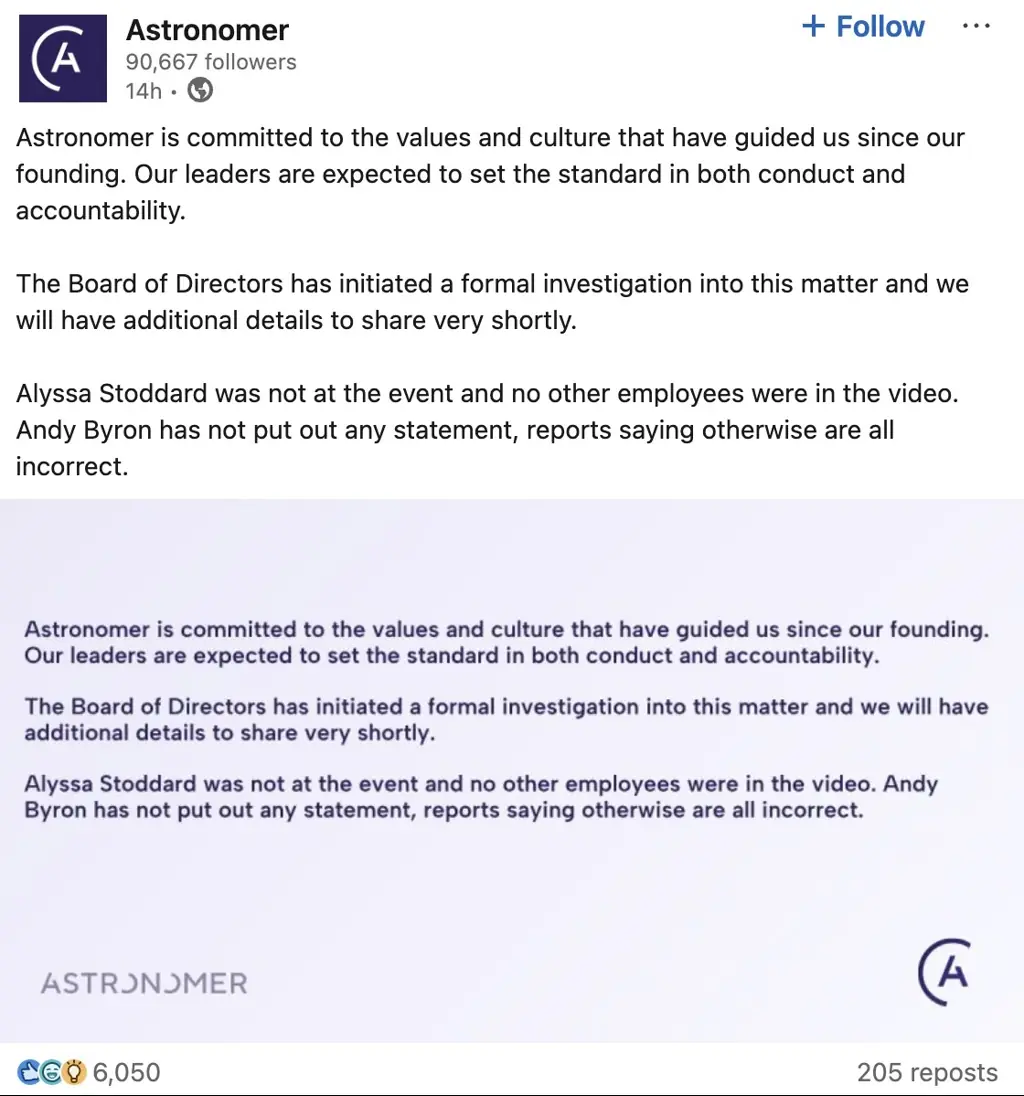 Astronomer released a statement. Credit: Astronomer / LinkedIn