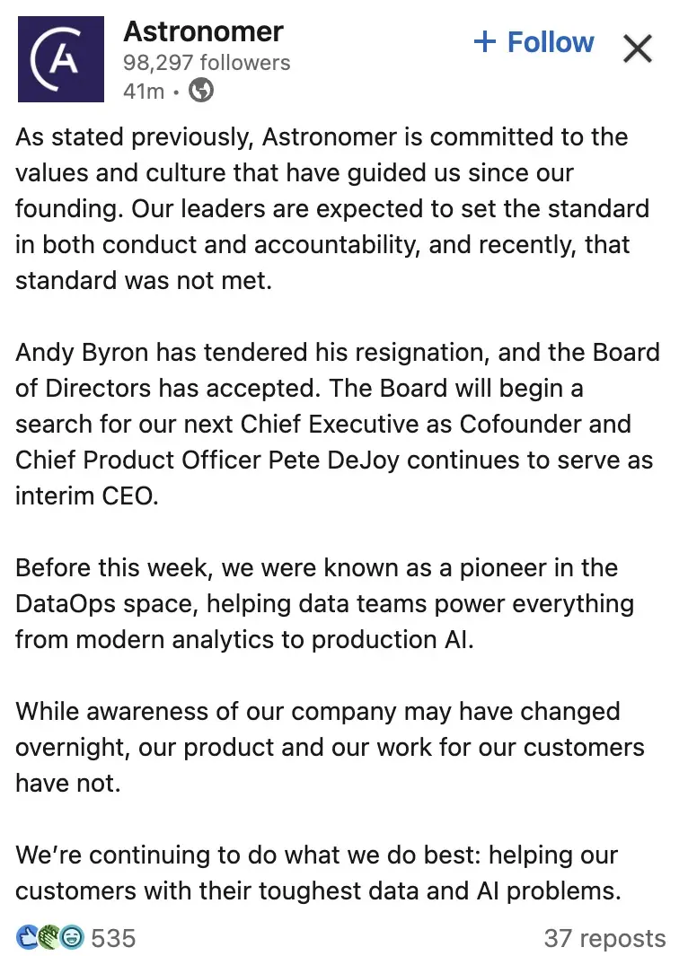 Astronomer has announced that Any Byron has resigned. Credit: LinkedIn