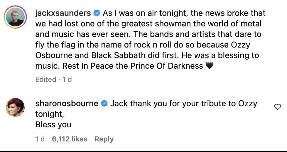 Sharon Osbourne responded to a tribute about Ozzy. Credit: Instagram
