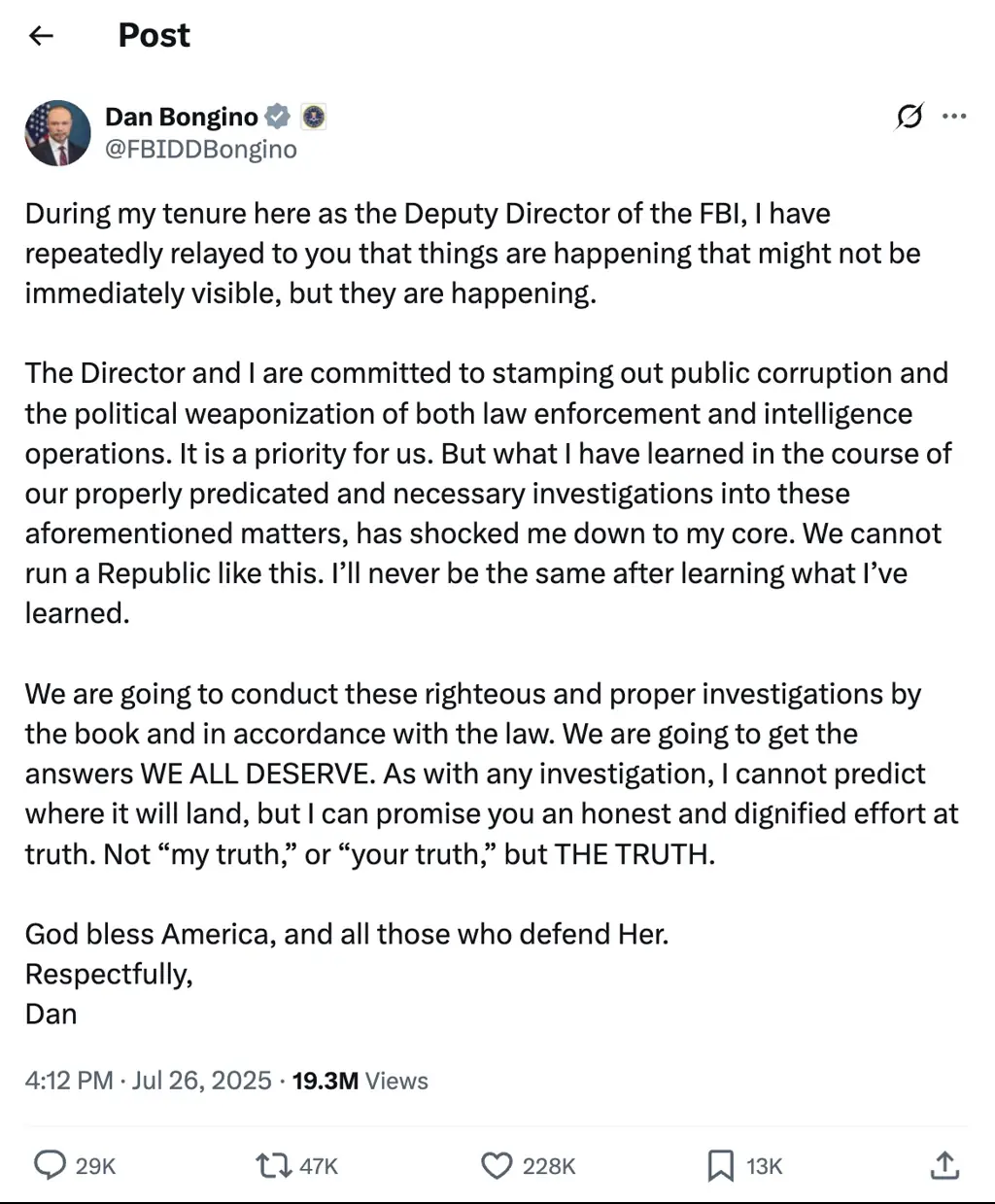 Bongino has vowed to give the public "the answers we all deserve". Credit: X/@FBIDDBongino