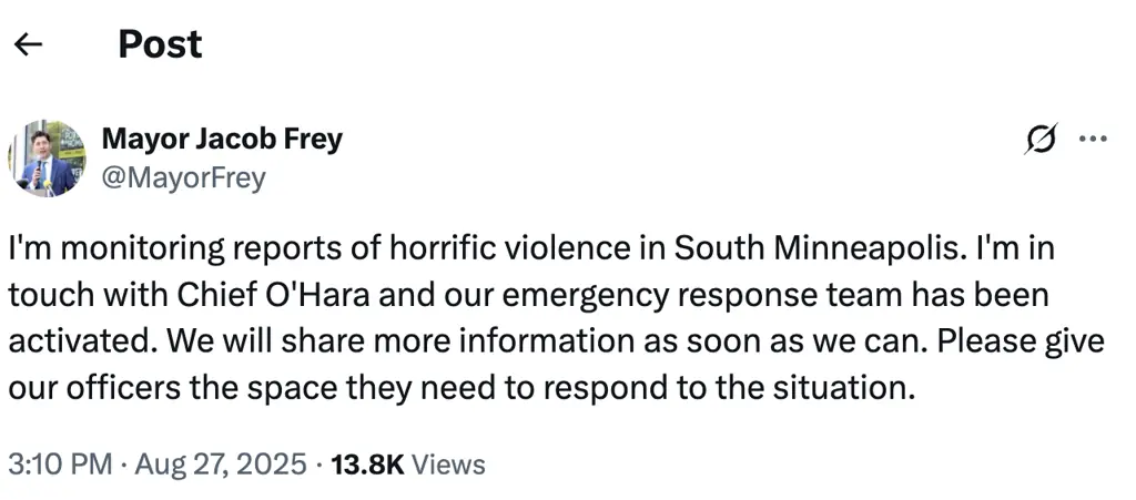Minneapolis Mayor Jacob Frey confirmed he is aware of "reports of horrific violence".  Credit: X