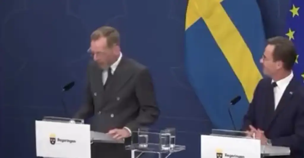 Sweden’s newly-appointed health minister passes out while being introduced at government press conference