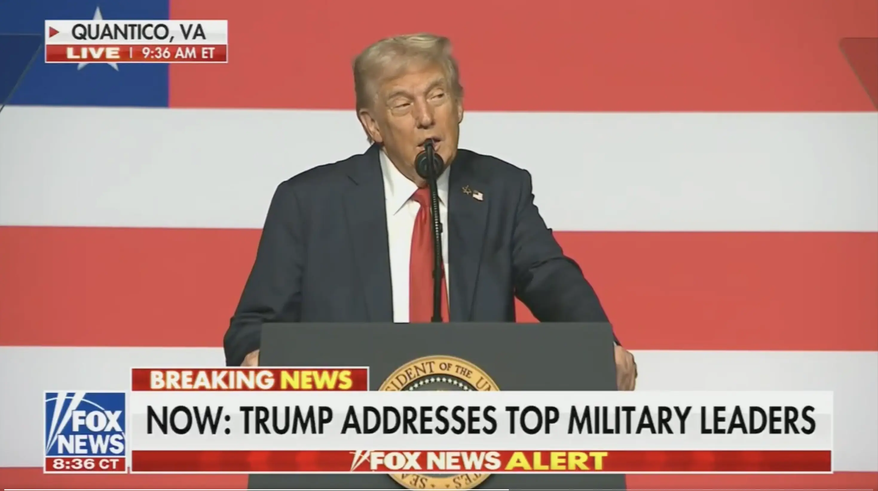 Trump addressed the military leaders in Quantico, Virginia. Credit: Fox News