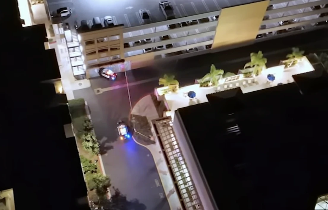 Police at the parking garage in the Town Center area of Valencia, California, where the body of Carrie Elizabeth Romney was discovered on Friday. Credit: ABC7