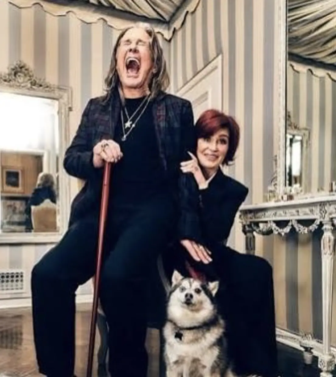 Sharon posted a throwback image of herself alongside late husband, Ozzy, and dog Elvis. Credit: Sharon Osbourne / Instagram.