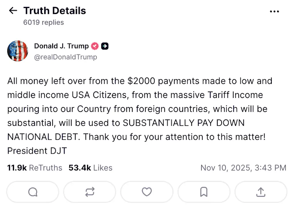 Trump shared a follow-up post on November 10. Credit: Truth Social 