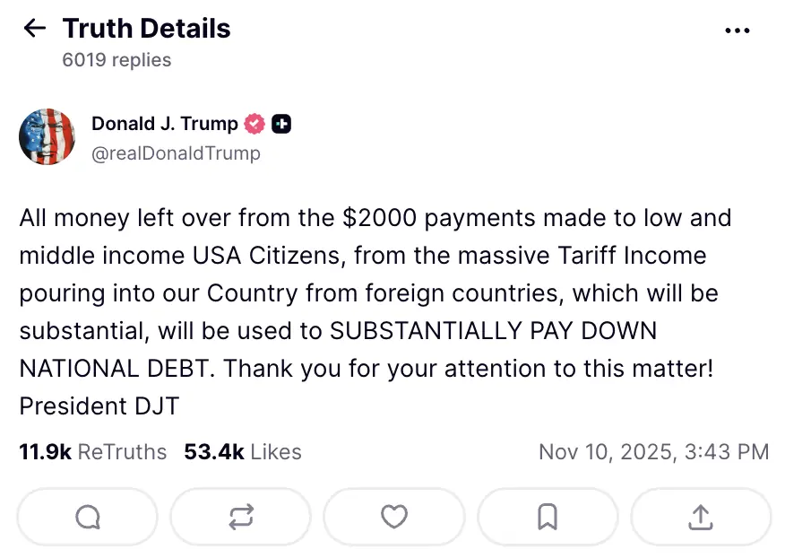 Trump shared a follow-up post on November 10. Credit: Truth Social 