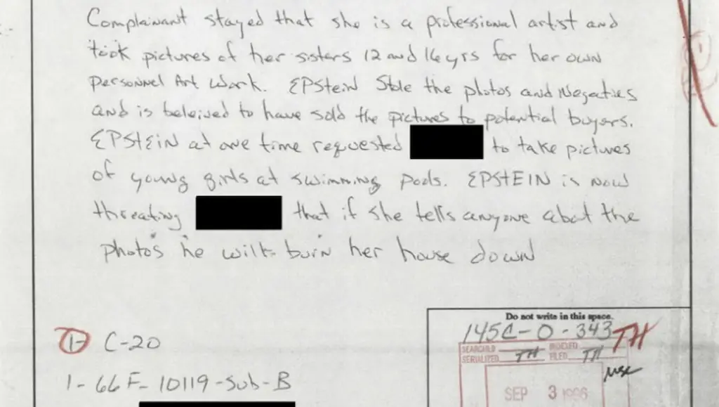 The complaint form alleged that Epstein threatened to 