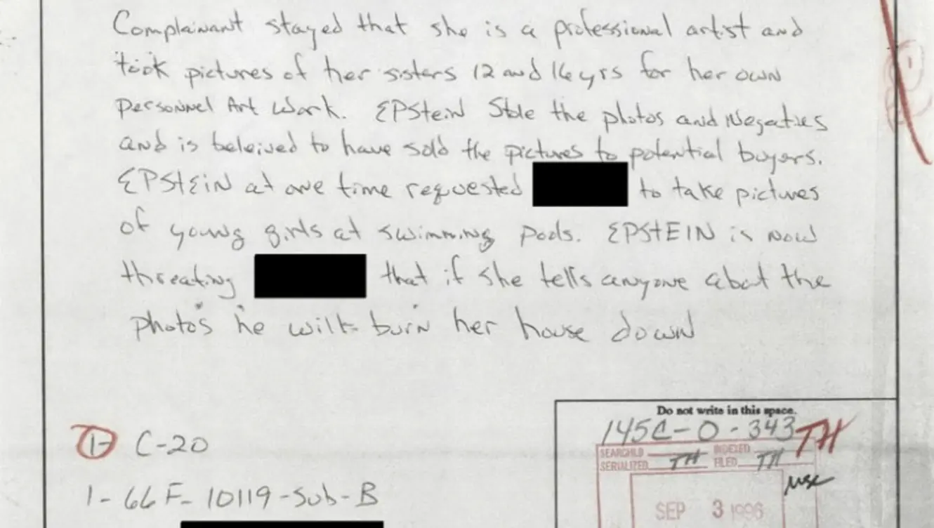 The complaint form alleged that Epstein threatened to 