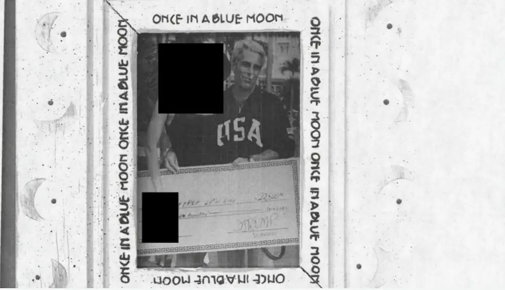 Epstein holding a cheque signed by D. Trump. Credit: US Department of Justice