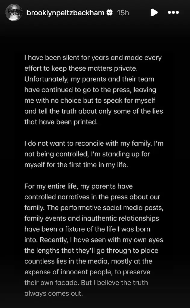 Brooklyn shared a scathing statement on Instagram. Credit: Instagram/Brooklyn Beckham