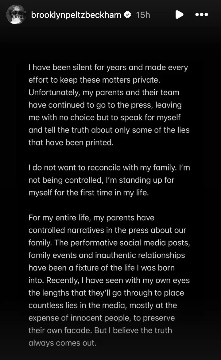 Brooklyn shared a scathing statement on Instagram. Credit: Instagram/Brooklyn Beckham
