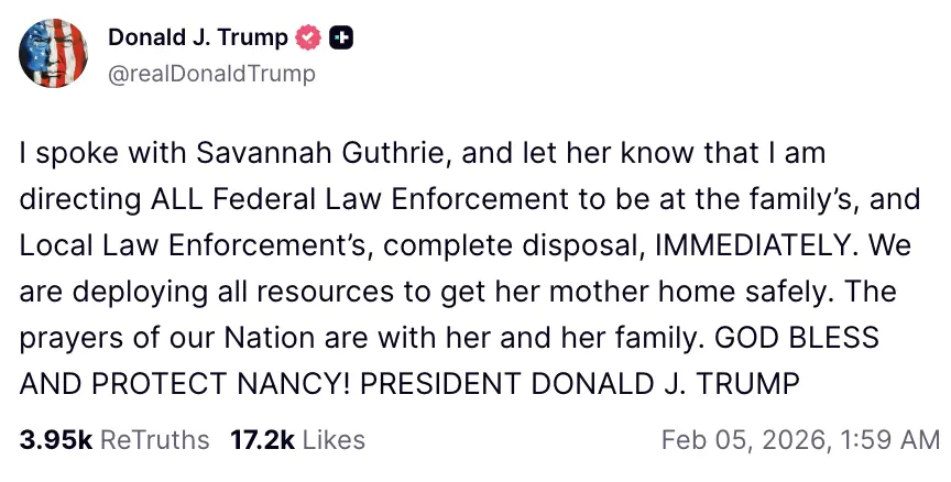 Trump spoke about the heartbreaking situation. Credit: Truth Social