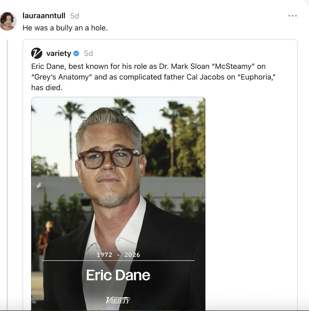 She called the actor, who played Dr. Mark Sloan on the show, an 