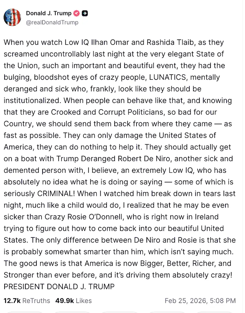 Trump fires back at De Niro. Credit: Truth Social