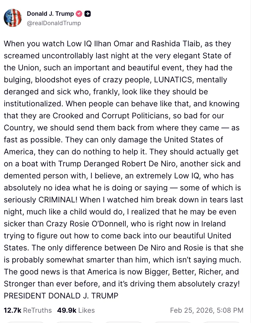 Trump fires back at De Niro. Credit: Truth Social