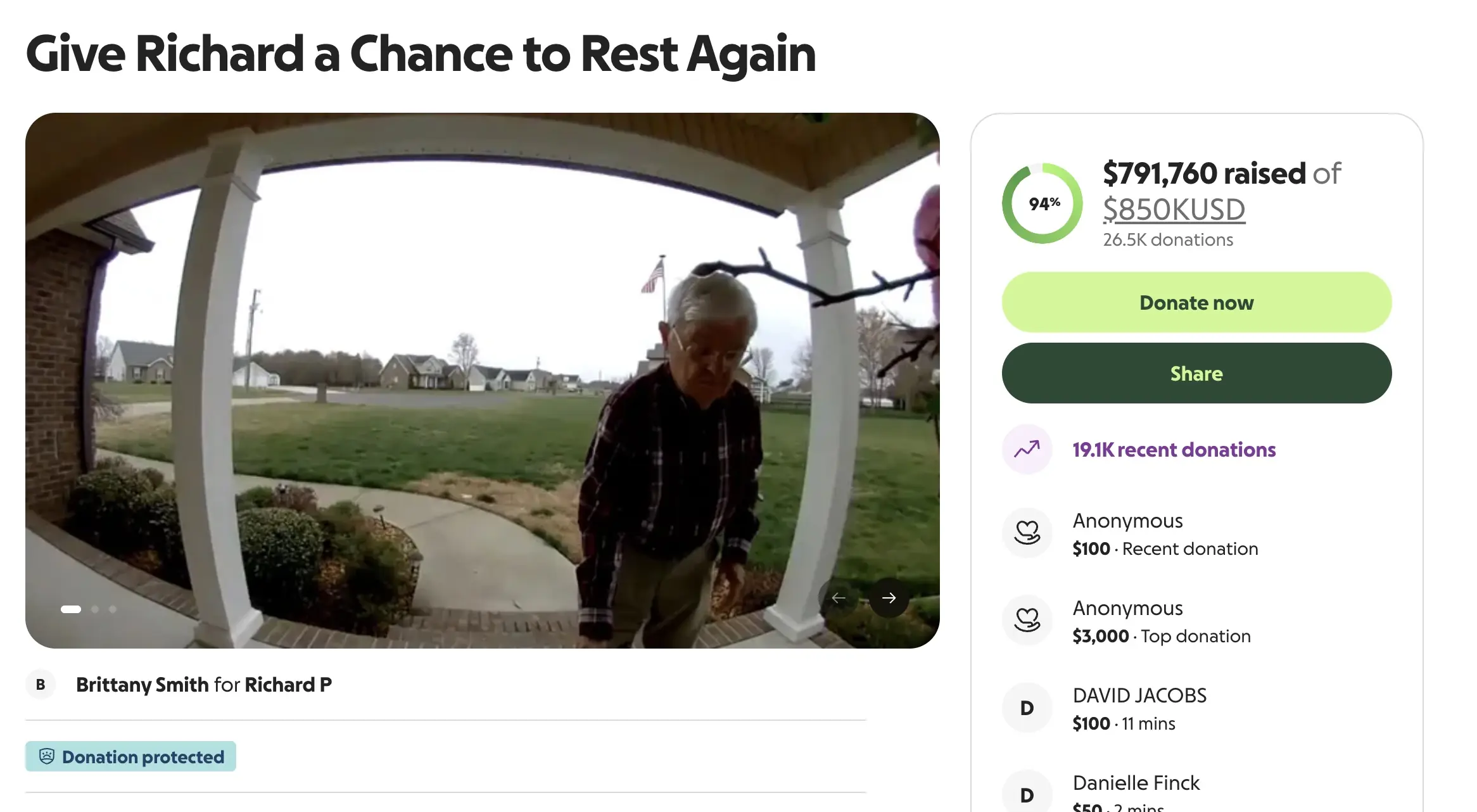 Almost $800,000 has been raised for Richard so far. Credit: GoFundMe/Brittany Smith