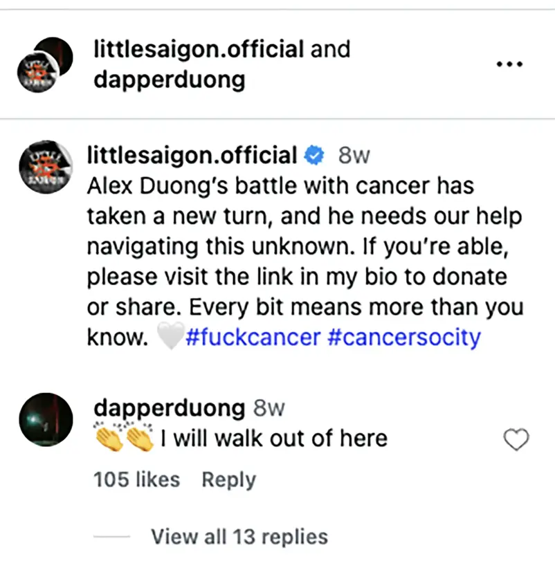Alex Duong heartbreaking comment. Credit: Alex Duong/littlesaigon.official/Instagram