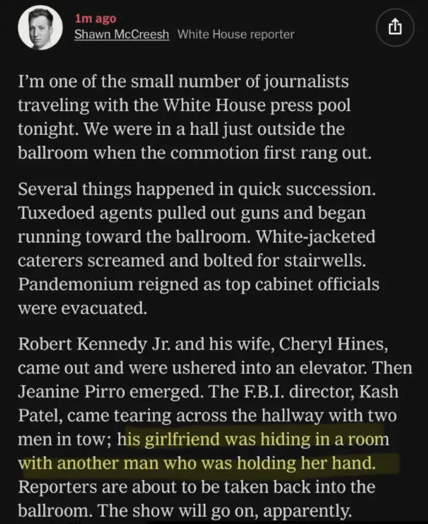 The report from White House reporter, Shawn McCreesh on Kash Patel's girlfriend. Credit: Shawn McCreesh/X