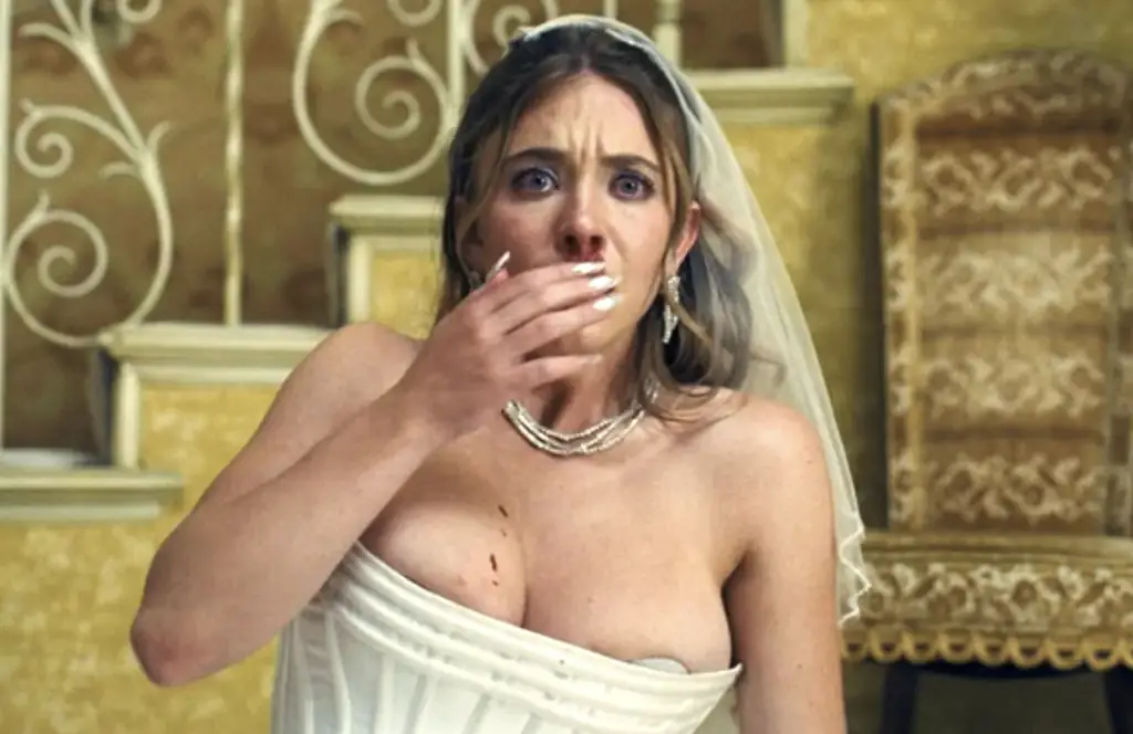 The moment Cassie's custom pasties peek out from her dress in Euphoria. Credit: HBO