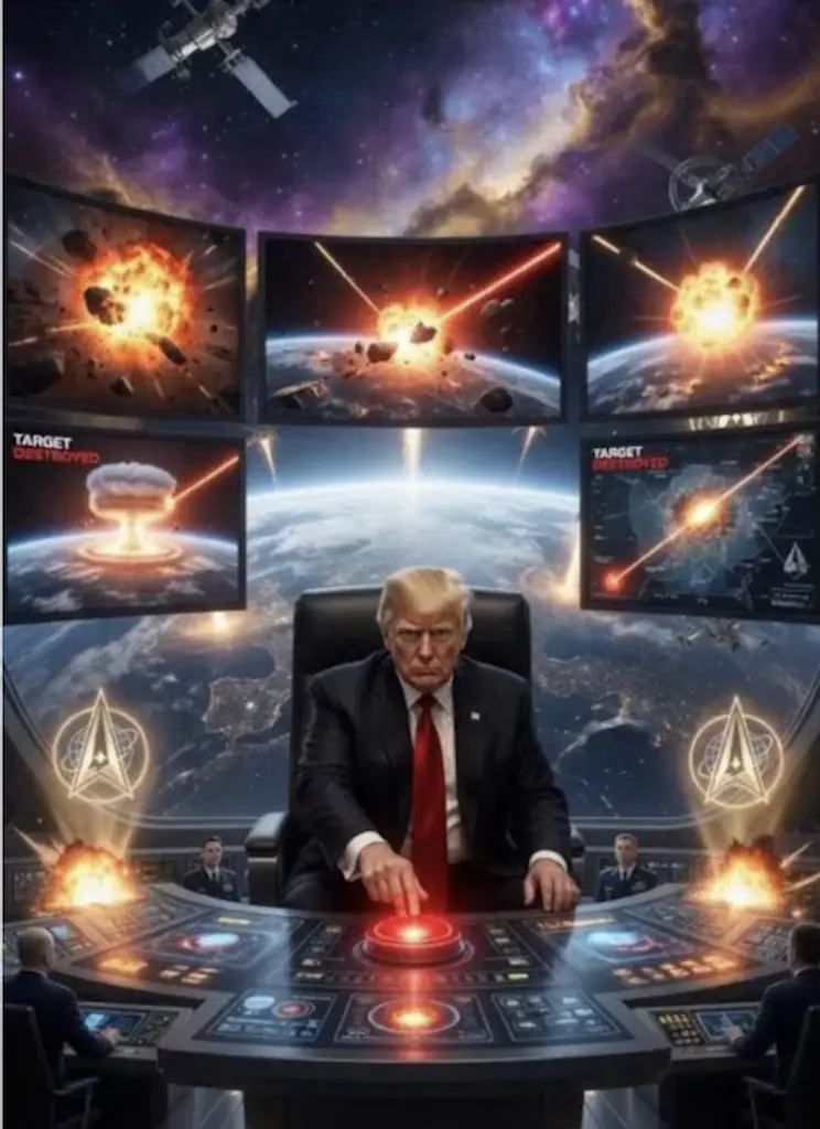 Trump is seen in some sort of control room above the earth. Credit: realDonaldTrump/Truth Social
