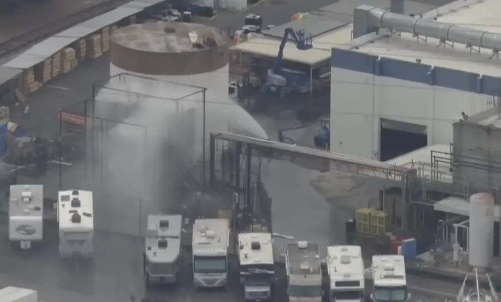 The crisis began after police found a leak and later identified a crack in a chemical storage tank containing 26,000 litres of methyl methacrylate. Credit:  News 19 WLTX