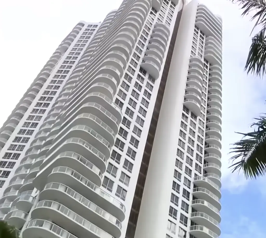 Zelin fell from the 25th floor of the Akoya Condominium building in Miami Beach. Credit: WPLG Local 10 