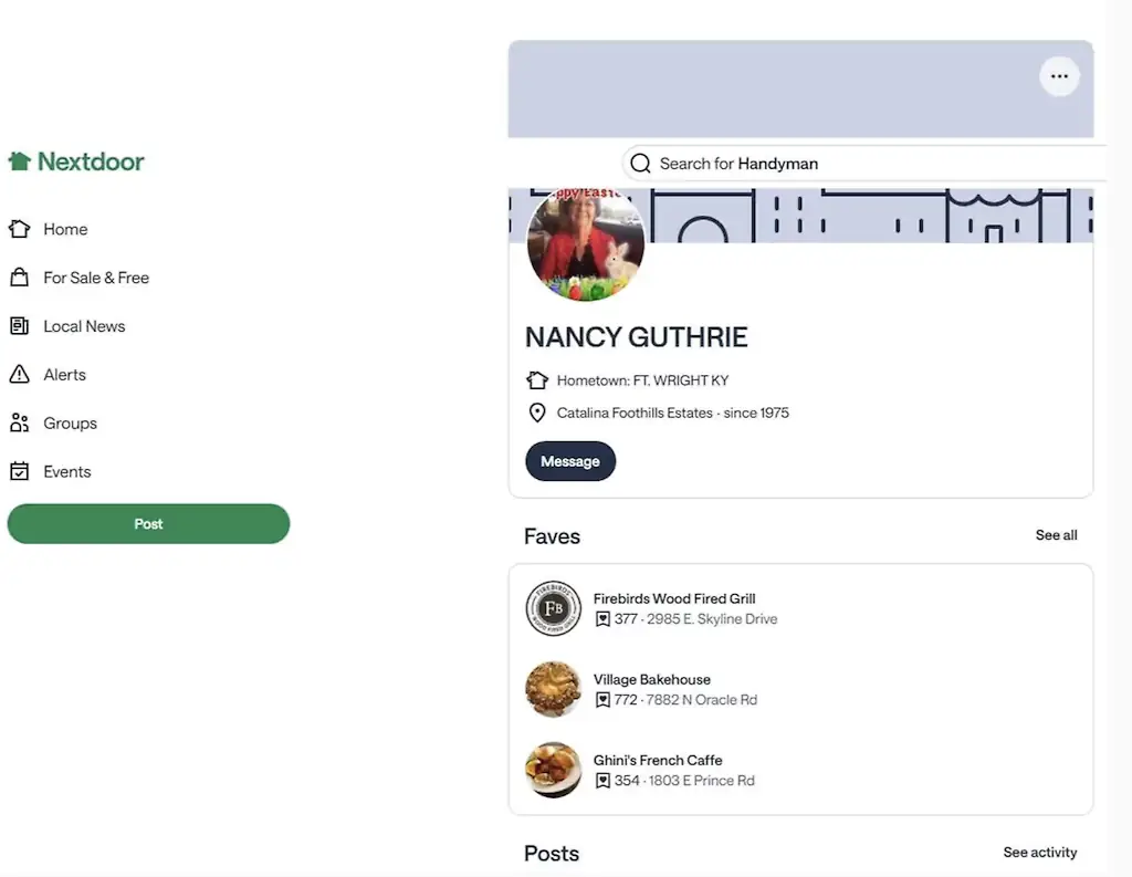 Nancy Guthrie's Nextdoor profile. Credit: Nextdoor