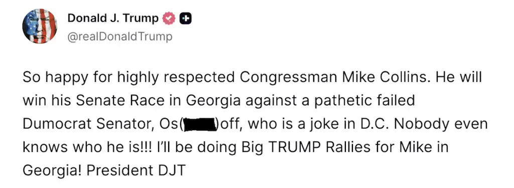 Trump revealed the immature nickname in a Truth Social post. Credit: Truth Social / Donald Trump