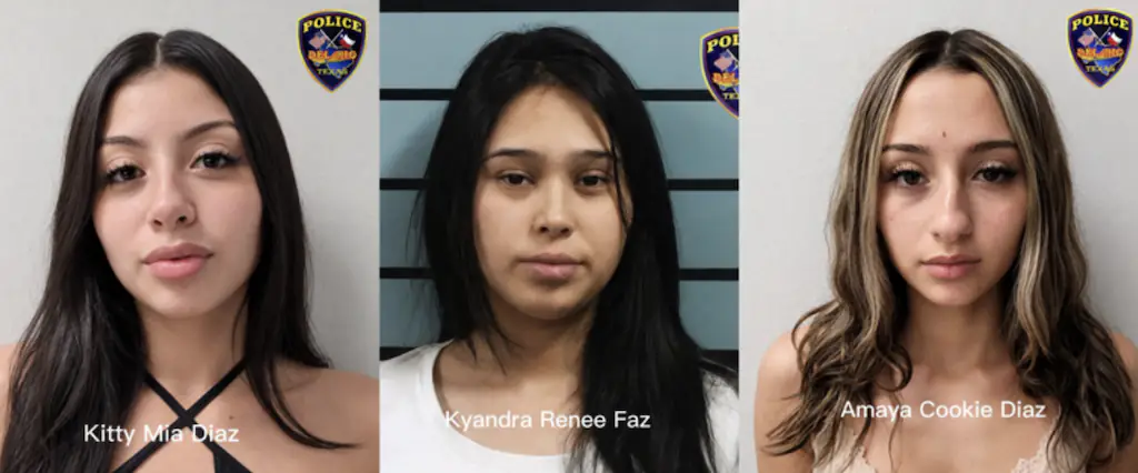 Kitty Mia Diaz, 21; Amaya Cookie Diaz, 19; and Kyandra Renee Faz, 21. Credit: City of Del Rio Police Department
