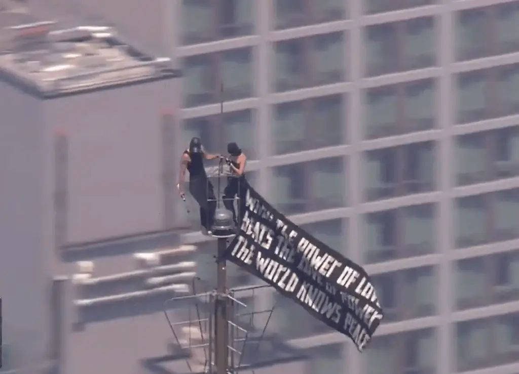 The protesters were spotted at the top of the Empire State Building. Credit: Fox News