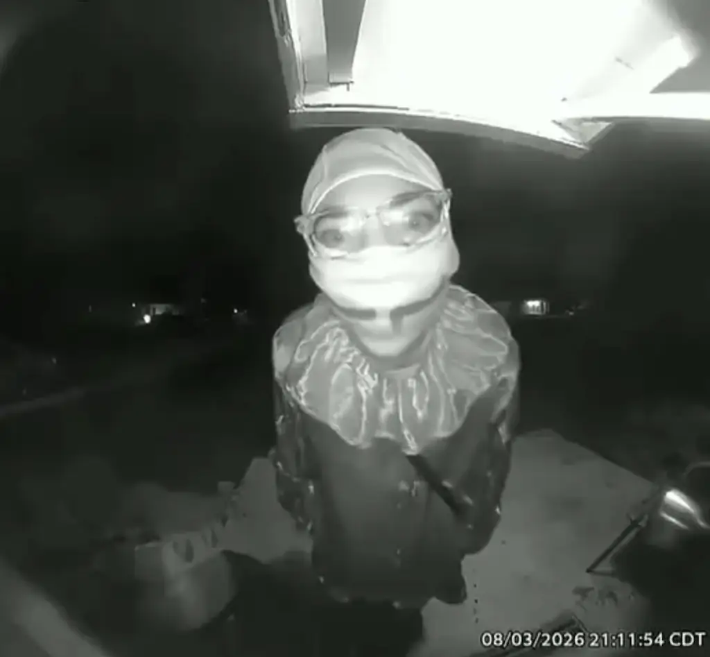 The teen wore a creepy costume when he scared neighbours. Credit: Lora Palmer/Facebook