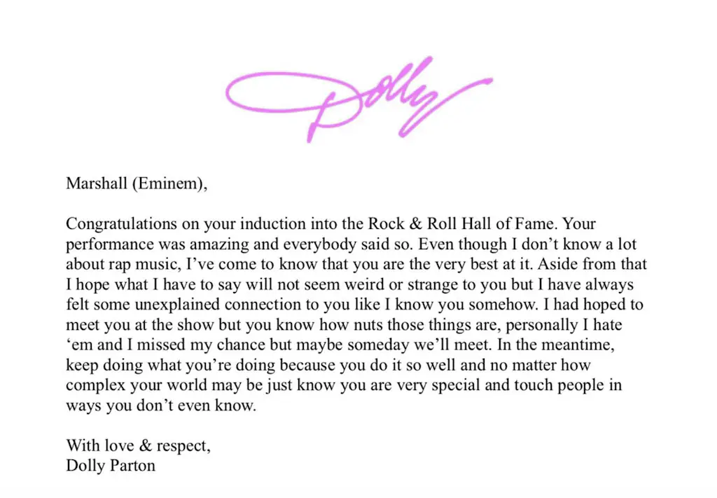 Dolly Parton's heartfelt note to Eminem. Credit: Eminem/Instagram