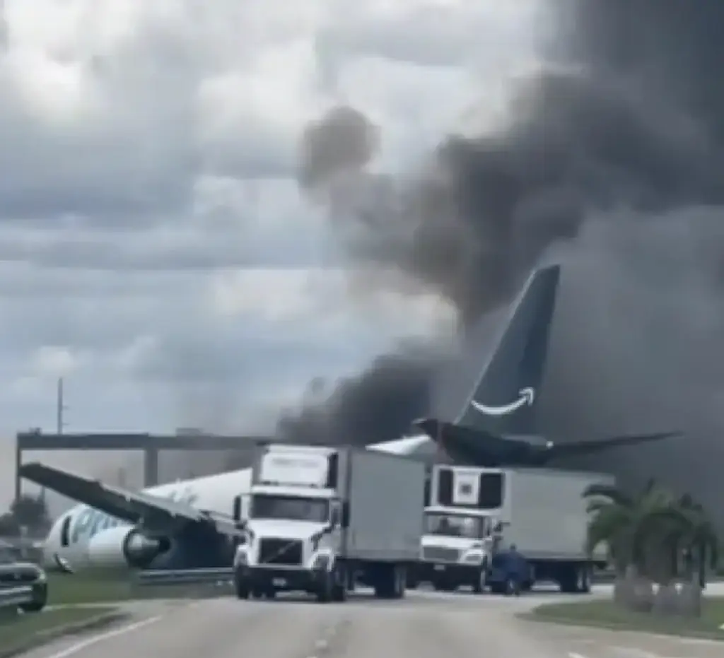An Amazon cargo plane crashed off a runway in Miami, causing the deaths of five people dead. Credit:  X