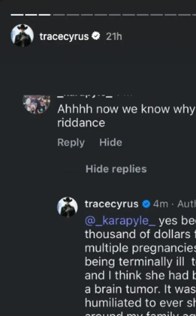 Trace Cyrus' response to an Instagram user. Credit: tracecyrus / Instagram