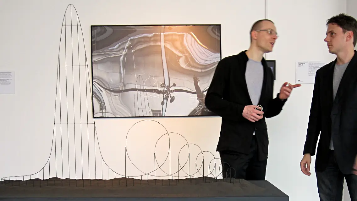 Urbonas with a model of his Euthanasia Coaster. Credit: Wikimedia Commons