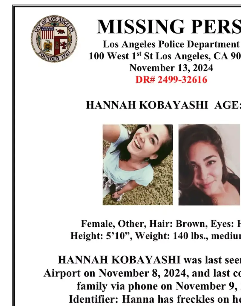 A missing person poster for Hannah Kobayashi. Credit: Los Angeles Police Department
