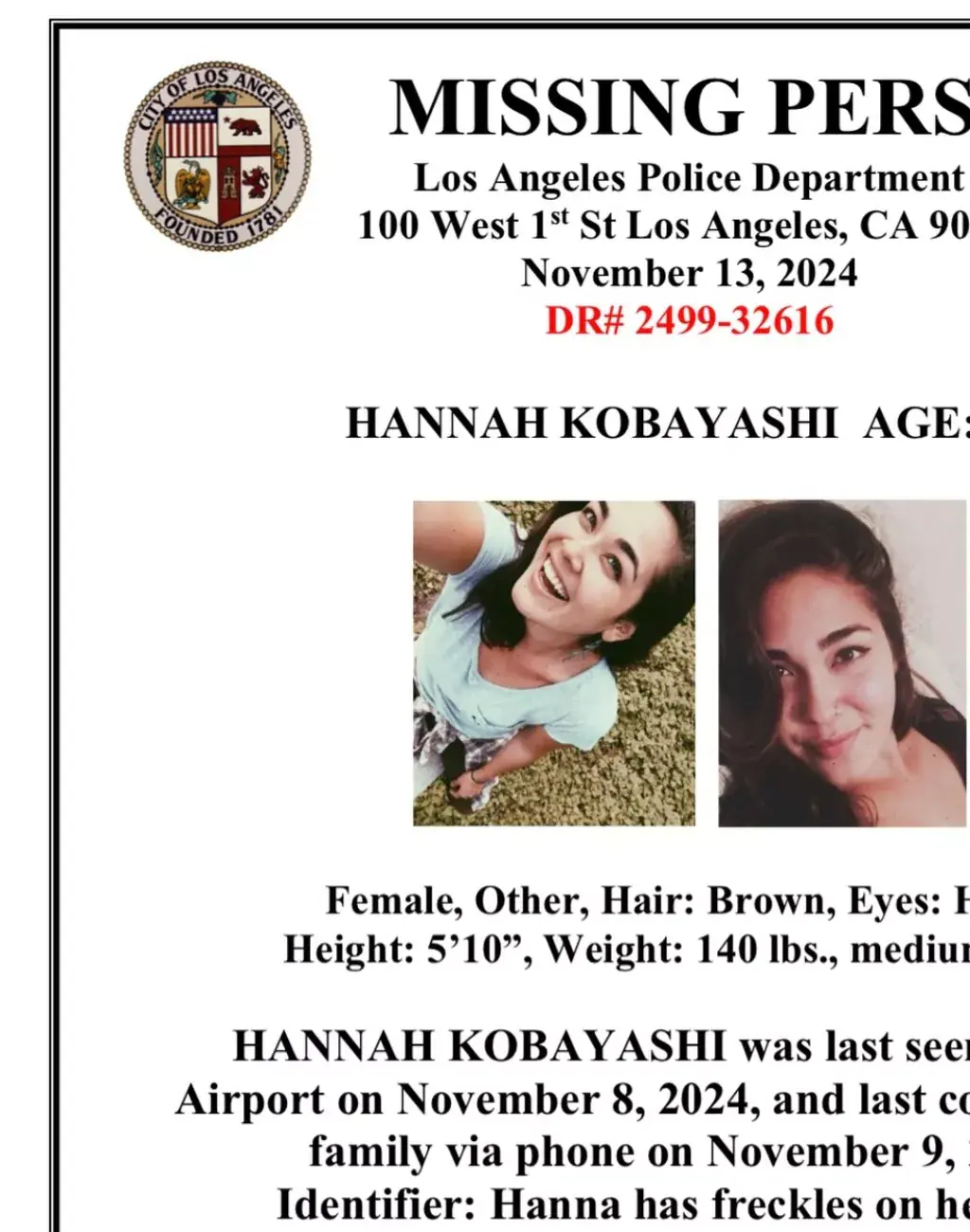 A missing person poster for Hannah Kobayashi. Credit: Los Angeles Police Department