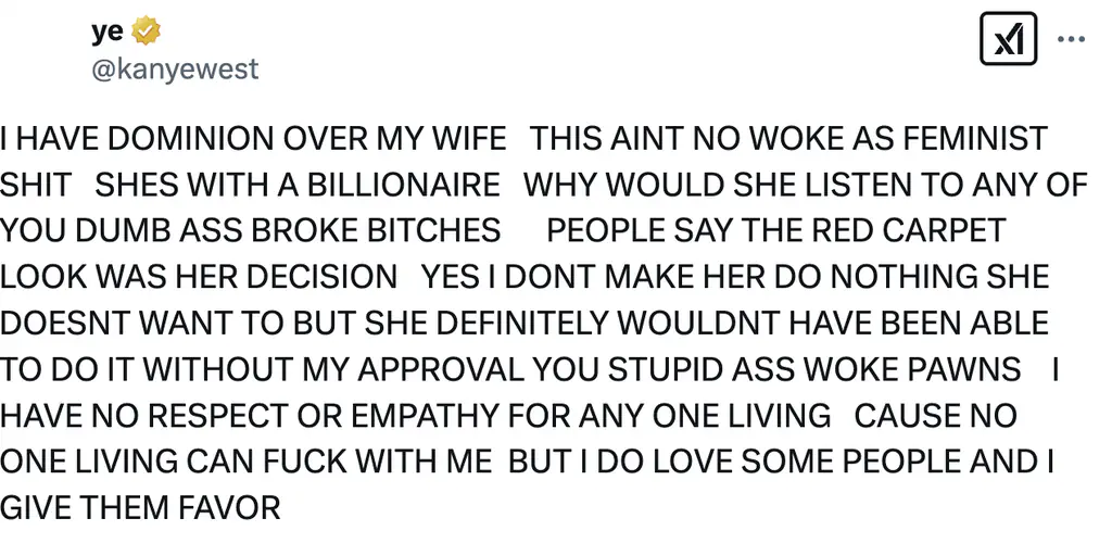 One of West's offensive posts on the social media platform. Credit: X