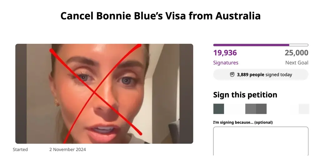 Adult star Bonnie Blue shares defiant response after almost 20,000 people sign petition to have her deported from Australia