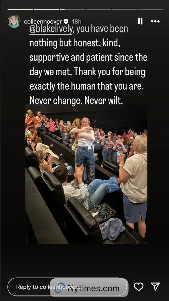 Colleen Hoover shared her support for Lively on Instagram. Credit: Colleen Hoover/Instagram