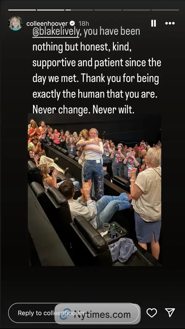 Colleen Hoover shared her support for Lively on Instagram. Credit: Colleen Hoover/Instagram